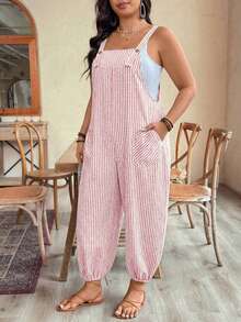 GlowEve CURVE Plus Size Women's Elegant Striped Pocket Jumpsuit With Drawstring, Suitable For Work And Commute, Spring/Summer - Pink - View 7