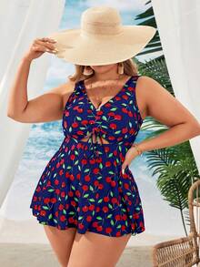 Swim Lushoire Vestido de traje de baño con estampado de cerezas para mujer de talla grande para vacaciones - Azul marino - Ver 4