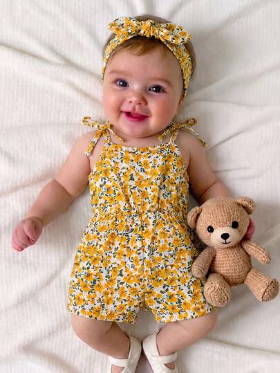 SHEIN Baju Terusan Bayi Perempuan Baru Lahir Motif Bunga Kecil yang Lucu untuk Musim Panas