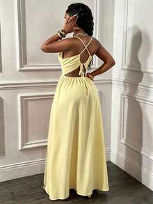 Glyssa Women's Spaghetti Strap Backless Criss-Cross Front Chest Hollow U-Shape Buckle Ruched Hem High Slit Dress Vacation Pale Yellow Summer - Light Yellow - View 2