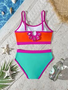 SHEIN Tween Girl Swimwear Set,Cute Orange,Green,Fuchsia Color Block Backless Hollow Design,Summer Holiday Beach Swimming Pool Party Casual Sports Style - Multicolor - View 2