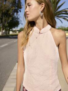 Nöista Mao Neck Sleeveless Top In Pink Color, Part Of A Set, Chinese Buttons Detail On Neck. Festival, Outfit Casual, Graduation. - Pink - View 4