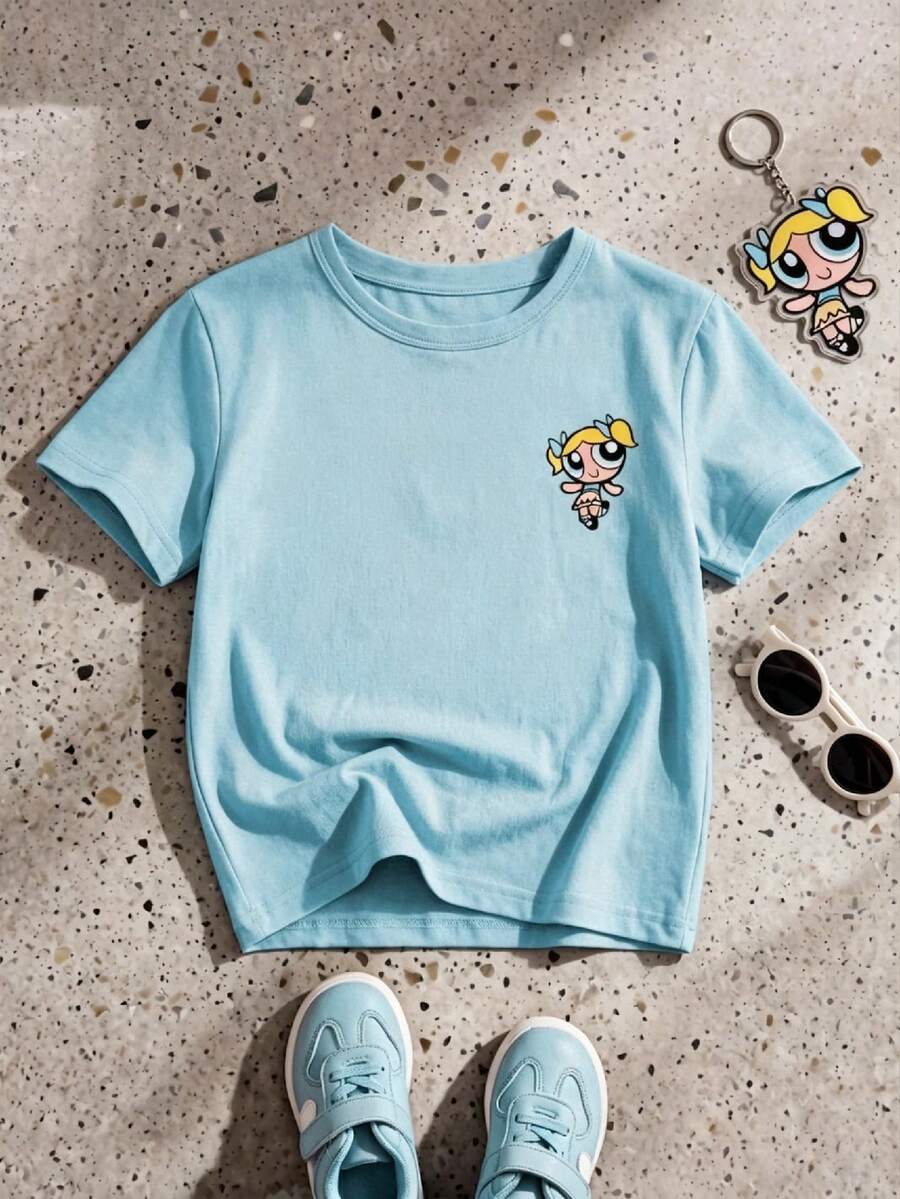THE POWERPUFF GIRLS X SHEIN 少女卡通印花圆领短袖T恤,浅蓝色,适合上学、外出、夏季休闲穿着 - 藍色 - 查看 1