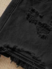 SHEIN Tween Girl Summer Boho Casual Solid Washed High Waist Solid Washed Ripped Denim Jeans Shorts With Frayed Hem And Distressed Pockets, Summer Beach Vacation Vacation Baggy Shorts Black - Black - View 4