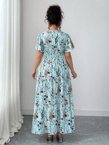 SHEIN Clasi 大码女式V领收腰花卉荷叶袖长款连衣裙，休闲优雅时尚春夏海滩装扮，下午茶派对，复活节 - 彩色 - 查看 2