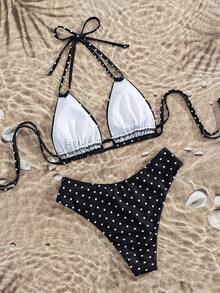 Swim Mod Conjunto de bikini de estilo de vacaciones con pantalones cortos de corte alto con estampado de lunares, escote halter y espalda sexy para mujer, ideal para playa y festivales de música en primavera/verano - Blanco y Negro - Ver 2