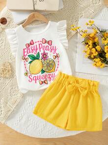 Genkimix Kids Girls Valentines Day Summer New Round Neck Short Sleeve Girl Print Minimalist T-Shirt + Casual Straight Waist Shorts 2pcs Set - Yellow - View 5