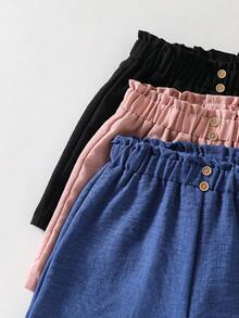 3pcs/Set Tween Girls' Textured Button Decor Solid Color Casual Shorts - Multicolor - View 4
