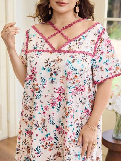 Al Najma Casual Floral Print Ruffle Trim V-Neck Loose Regular Spring/Summer Plus Size Women Arabic Maxi Dress