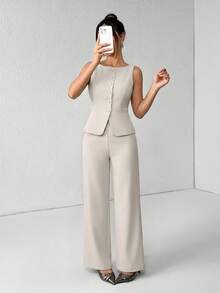 SHEIN PETITE 女士纯色圆领单排扣马甲裤套装，优雅通勤套装，夏秋女装，女士套装，办公室商务休闲两件套，秋季女士办公室服装，女士套装，女士西装外套套装 - 杏色 - 查看 1
