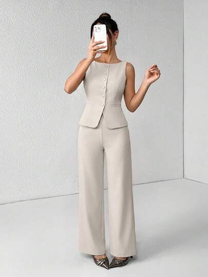 SHEIN PETITE 女款優雅米色兩件式套裝，純色圓領單排扣背心與長褲套裝，商務休閒辦公室夏季通勤套裝