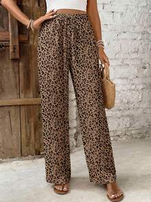 SHEIN Frenchy Quần ống đứng nữ kiểu dáng thường ngày thắt eo, họa tiết da báo cổ điển - Phong cách thanh lịch, đa năng cho kỳ nghỉ xuân/hè, hoàn hảo cho những chuyến đi biển, du thuyền, lễ hội âm nhạc Boho, lễ hội miền Tây, Isla - Nhiều màu - Xem 3