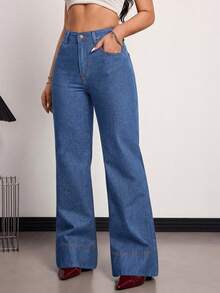 Tall Jeans de tiro alto, de pierna ancha y holgados, con bolsillos, versátiles, para uso casual en verano y primavera, elegantes para bodas y el Día de San Valentín - Azul lavado medio - Ver 3