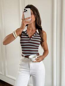 SHEIN PETITE CURVE Áo tank top cổ cao không tay kẻ sọc cỡ lớn dành cho nữ, áo vest gân retro thường ngày, áo tank top cổ sọc đa năng dành cho nữ, thích hợp cho mùa hè, mùa xuân, ngày lễ tình nhân, lễ hội, bãi biển, kỳ nghỉ, thường ngày, tiệc tùng, đám cưới và các dịp khác, thanh lịch và thời trang. - Nhiều màu - Xem 9