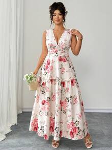 Elenzga Đầm chữ A không tay in hoa thanh lịch dành cho nữ cỡ lớn, thích hợp cho mùa hè. - Màu be - Xem 3