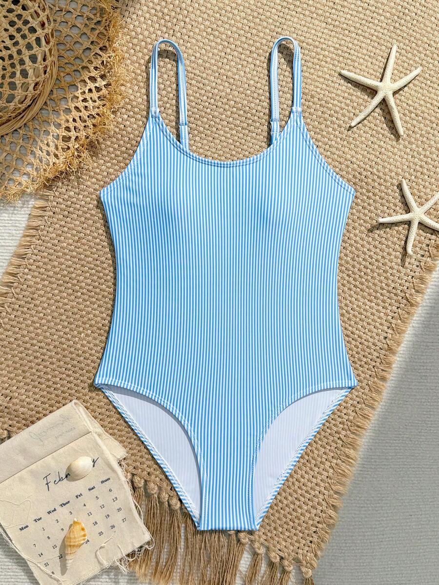 SHEIN Traje de baño de una pieza de unicolor y tela texturizada de moda para niñas preadolescentes
