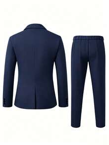 Manfinity Mode Conjunto de traje formal de hombre con blazer de manga larga y cuello con muesca de unicolor y pantalones, de moda para ir al trabajo y salidas, ceremonias - Azul Marino - Ver 2