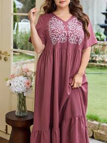 Al Najma Plus Size Short Sleeve Solid Color Embroidered A-Line Arabic Style Dress For Women - Dusty Pink - View 6