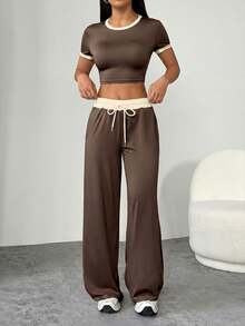 SHEIN PETITE Women's Fashion Versatile Color Block Short Sleeve T-Shirt And Drawstring Waist Pocket Long Pants 2-Piece Set - Coffee Brown - View 6