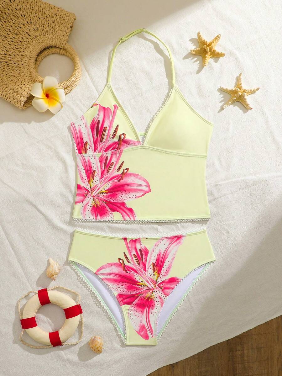 SHEIN 2件套少女碎花花瓣滚边弹力速干舒适针织泳衣套装,适合海滩、泳池、海边、冲浪、度假、夏季旅行 - 黃色 - 查看 1