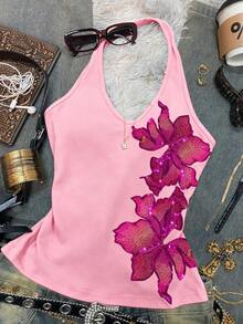 Glimmora Top halter elegante y retro con bordados y lentejuelas para mujeres, perfecto para el verano. Estilo Y2K, diseño resistente, adecuado para uso diario, festivales de música, fiestas y vacaciones en la playa. - Multicolor - Ver 4
