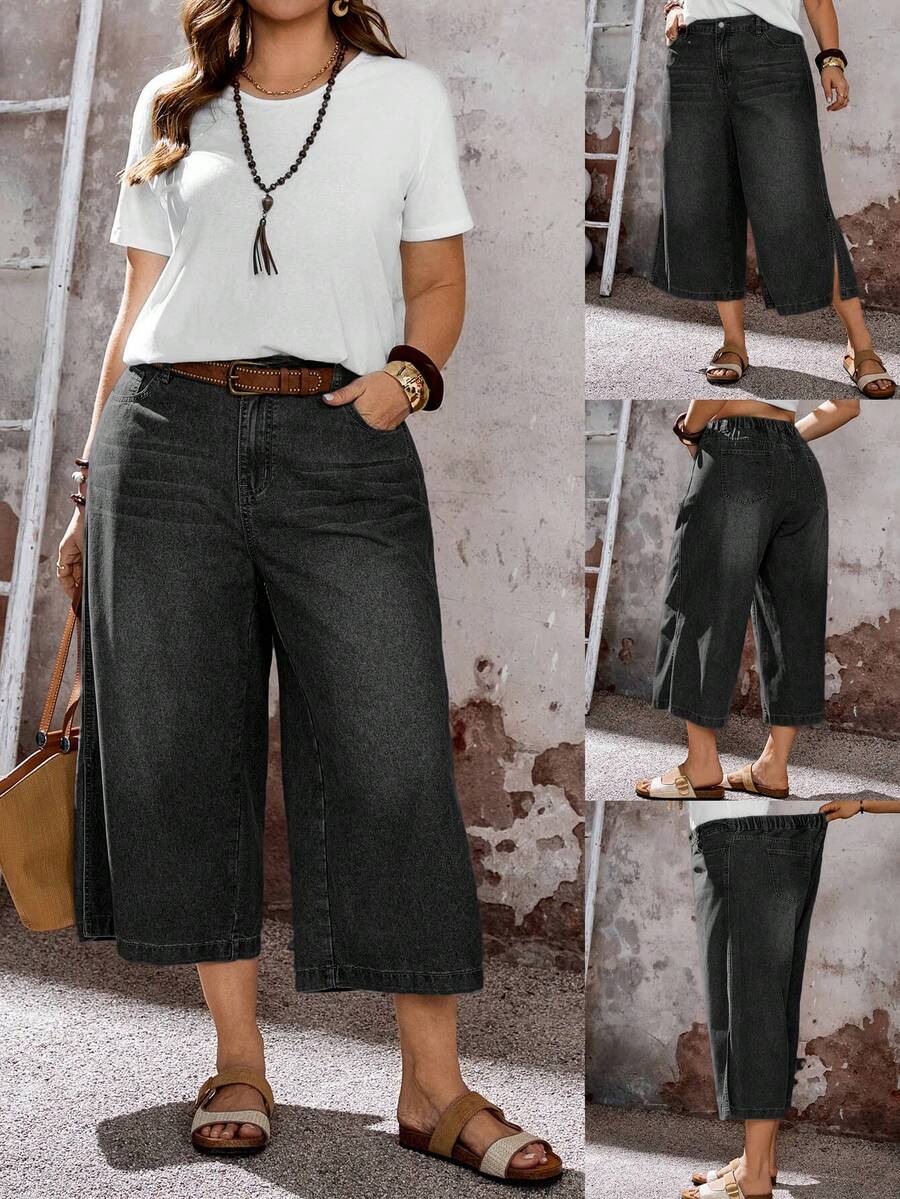 EMERY ROSE EMERY ROSE Jeans de corte holgado con bolsillos en ángulo, lavados, para uso casual diario, tallas grandes - Negro - Ver 1