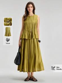 Ontre Đầm xếp ly eo màu xanh lá cây mới 2026SS, đầm thanh lịch dành cho nữ dự lễ tốt nghiệp/kỳ nghỉ/đi biển/lễ hội âm nhạc. - Màu xanh lá cây đậm - Xem 2