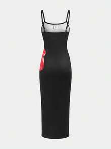 SHEIN Tween Girls' Casual Vacation Black Tropical Floral Print Slit Hem Dress - Black - View 4