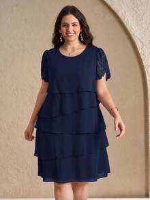 Reflora Plus Size Women's Fashion Petal Sleeve Round Neck Multi-Layer Dress - Navy Blue - View 5