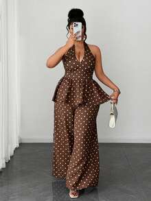 Maweii Plus Size Polka Dot Backless Halter Top And Wide Leg Pants Set, Elegant Commuting Fashion Versatile - Coffee Brown - View 1