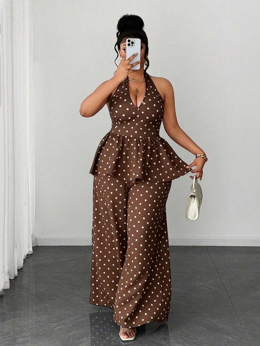 Maweii Plus Size Polka Dot Backless Halter Top And Wide Leg Pants Set, Elegant Commuting Fashion Versatile - Coffee Brown - View 1