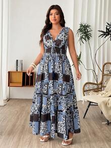 Modelyn Plus Size Printed A-Line Long Sleeveless Tassel Casual Elegant Vacation Women's Dress - Multicolor - View 3