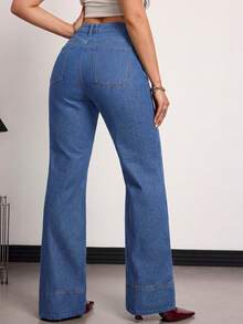 Tall Jeans de tiro alto, de pierna ancha y holgados, con bolsillos, versátiles, para uso casual en verano y primavera, elegantes para bodas y el Día de San Valentín - Azul lavado medio - Ver 8