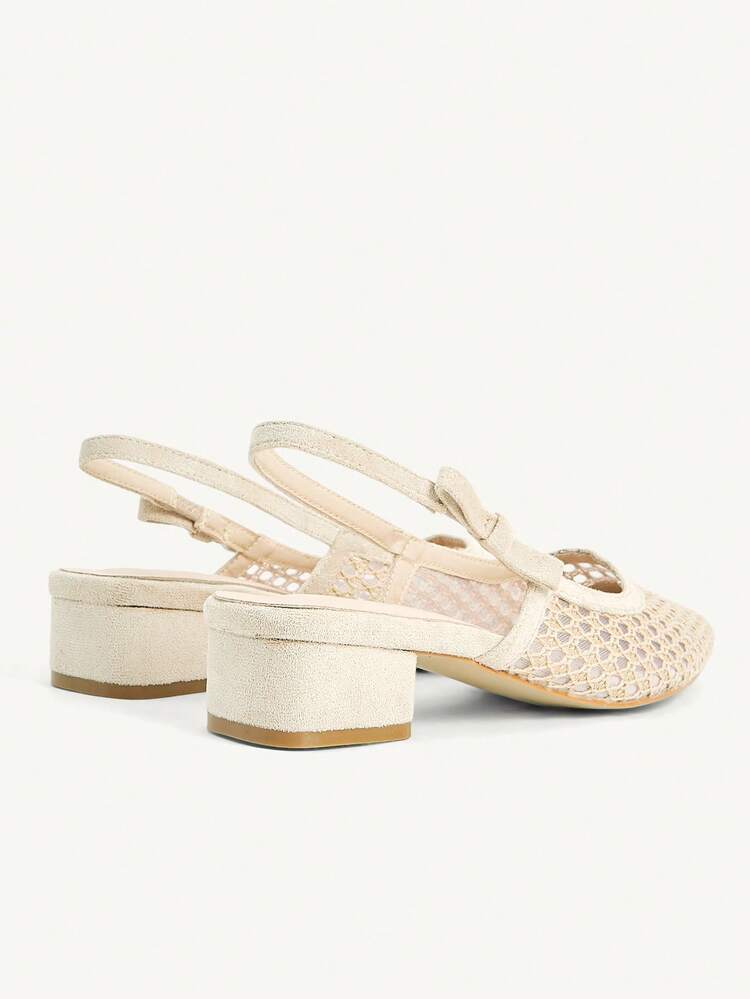 CUCCOO CHICEST Women's Spring And Summer New Pointed Toe Low Heel Apricot Mesh Rhombus Grid Bow Fashionable Elegant Breathable Lady Style Women's Shoes Thick Heel Low Heel Empty Women's Shoes