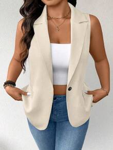 EMERY ROSE Plus Size Women Thin Casual Minimalist Sleeveless Blazer - Khaki - View 5