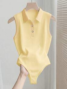 Mono elegante y versátil de punto con cuello de solapa semi-abierto, mono de mujer para primavera/verano, mono de mujer para vacaciones, mono de mujer para playa, conjunto de verano para mujer, mono de playa, mono para salir, mono para graduación, mono de vacaciones, mono casual, mono blanco, mono blanco, mono blanco de una pieza para mujer, mono blanco de verano para mujer - Amarillo - Ver 3