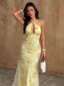 Bluhae Vestido de tirantes elegante y sexy con lentejuelas con motivos celestiales, adecuado para vacaciones/festivales de música - Amarillo - Ver 4