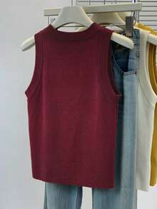 SHEIN Women's Solid Color Round Neck Casual Versatile Knit Vest - Red - View 2