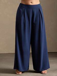 Vixey Pantalones de pierna ancha de unicolor minimalista y elegante para la oficina, estilo casual de negocios para mujer - azul real - Ver 5