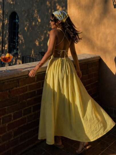 Cévolie Minimalist Backless Tie Strap Dress, Graceful Slimming Flowy Vacation Style Goddess Dress