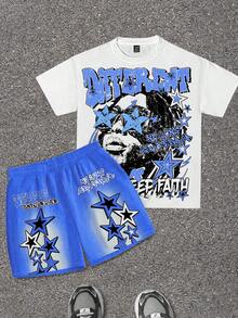SHEIN Baby Boy Letter & Face Print Round Neck Short Sleeve T-Shirt And Shorts Casual Minimalist Set, Suitable For Summer - Multicolor - View 2