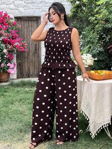 Modelyn Plus Size Women Casual Polka Dot Print Camisole & Pants 2 Pieces Set - Brown - View 3