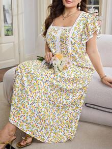 Al Najma Plus Size Women's Ditsy Floral Square Neck Ruffle Sleeve Arabic Style Dress - Multicolor - View 5