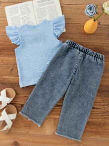 SHEIN 2pcs/Baby Girls Cute Summer Set Light Blue Flutter Sleeve Round-Neck Top & Bow Jeans Family Matching Outing Outfit - Baby Blue - View 2