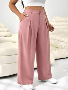 SHEIN EZwear 加大码珊瑚粉色纯色纽扣休闲阔腿裤，适合毕业典礼、返校季、秋冬季教师装扮。 - 珊瑚粉 - 查看 3