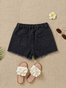SHEIN Tween Girl Summer Boho Casual Solid Washed High Waist Solid Washed Ripped Denim Jeans Shorts With Frayed Hem And Distressed Pockets, Summer Beach Vacation Vacation Baggy Shorts Black - Black - View 2