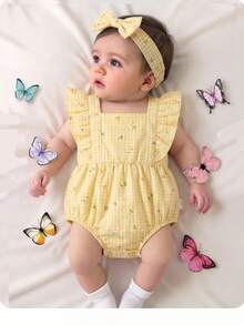 SHEIN Mono de verano con volantes y diseño de mariposa para bebé niña recién nacida - Amarillo - Ver 2