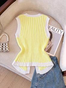 SHEIN Franclia Women's Casual Ribbed Single-Breasted Knit Top, Versatile For Daily Wear - Light Yellow - View 2