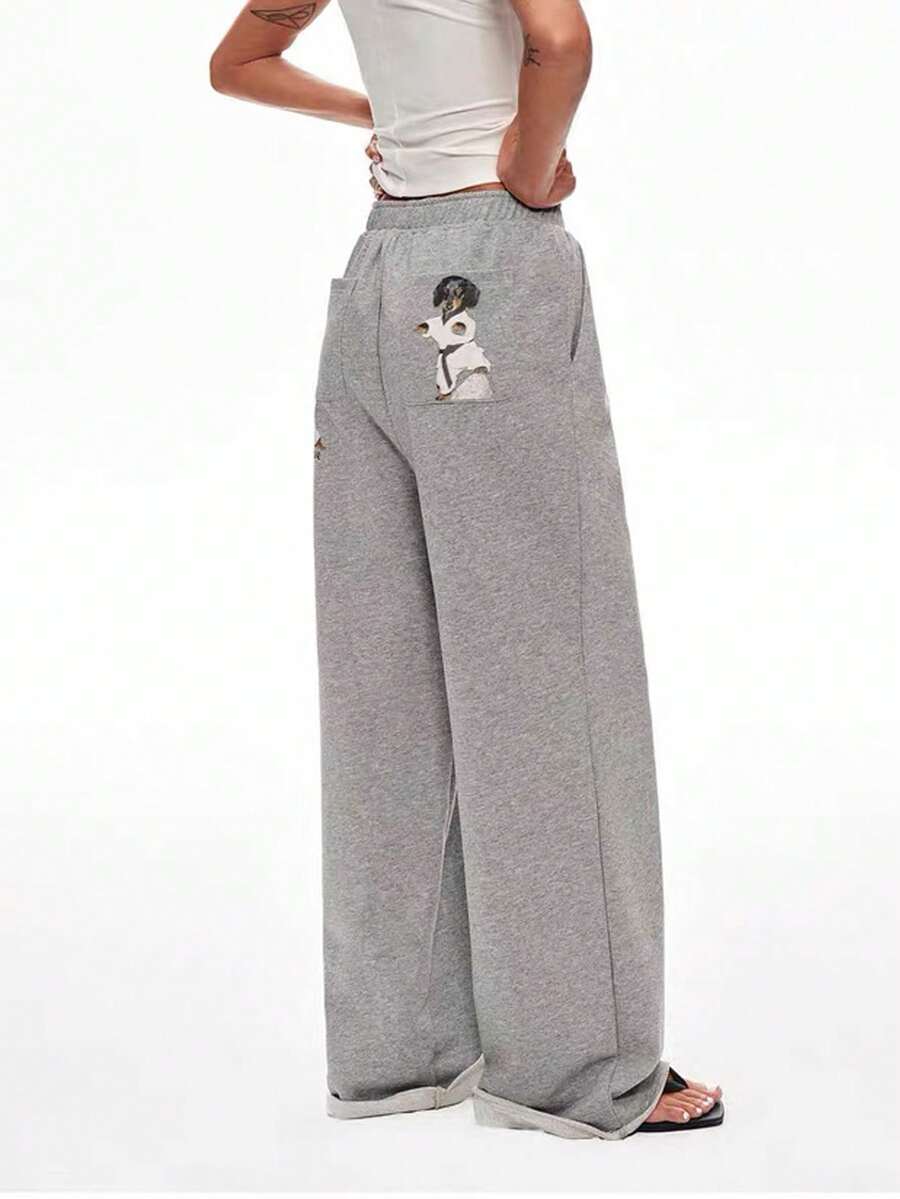 Aidyla Pantalones de chándal casuales con volantes y estampado de cachorros, versátiles y cómodos para el verano, de estilo minimalista - Gris - Ver 1