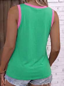 EMERY ROSE Plus Size Women V-Neck Patchwork Color Casual Versatile Daily Wear Top - Multicolor - View 2